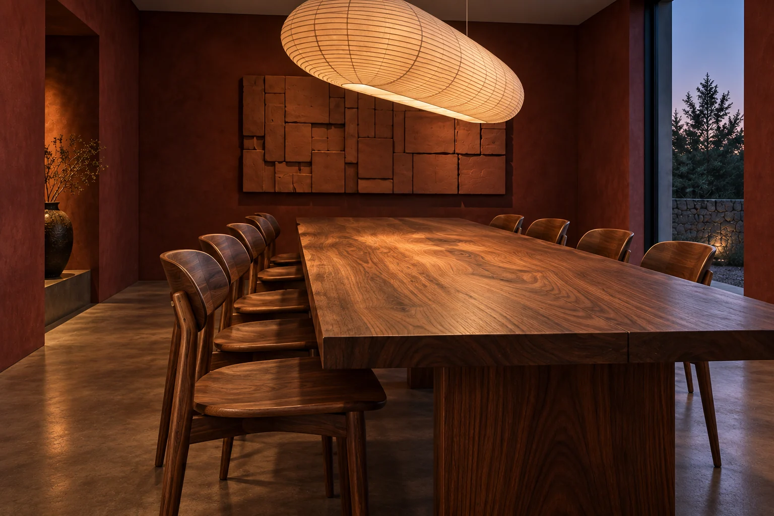 An alternate view of Ember Table’s long walnut table, paper lantern and terracotta wall relief.