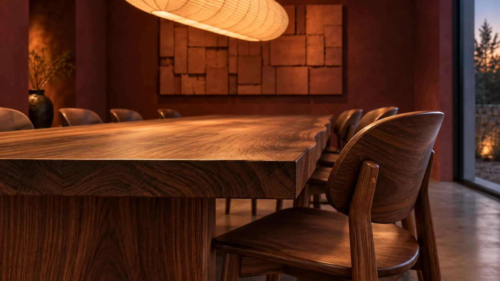 A close study of Ember Table's walnut grain and warm terracotta relief beneath paper light.