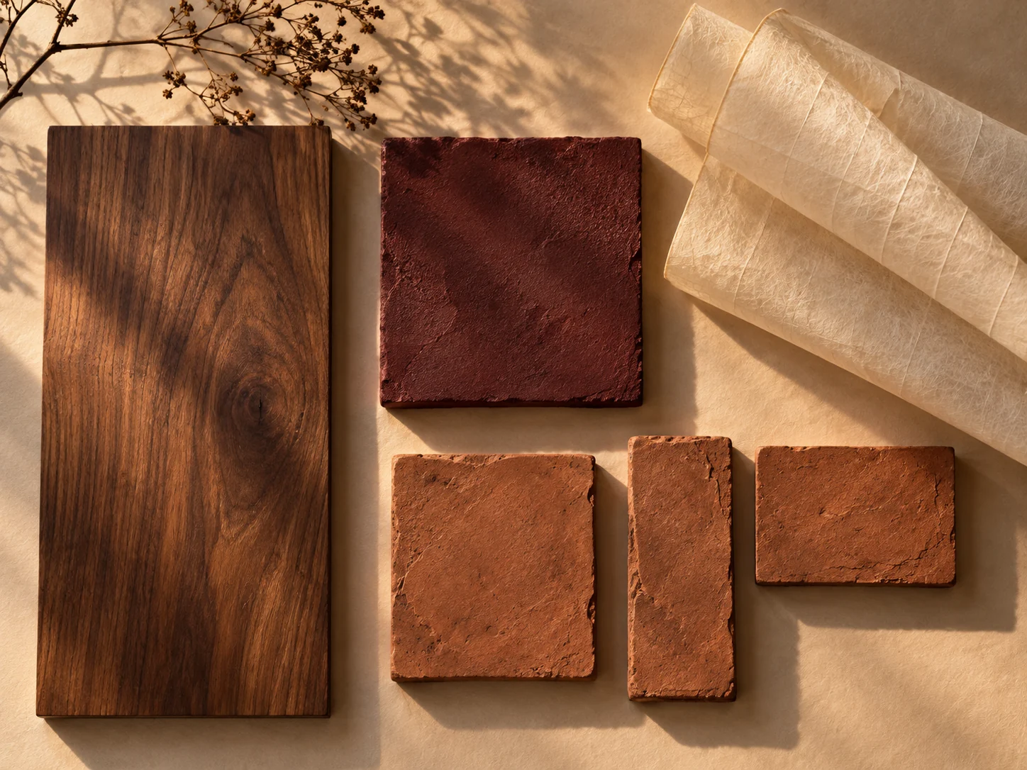 Ember Table material samples in walnut, burgundy plaster, terracotta and pale paper.