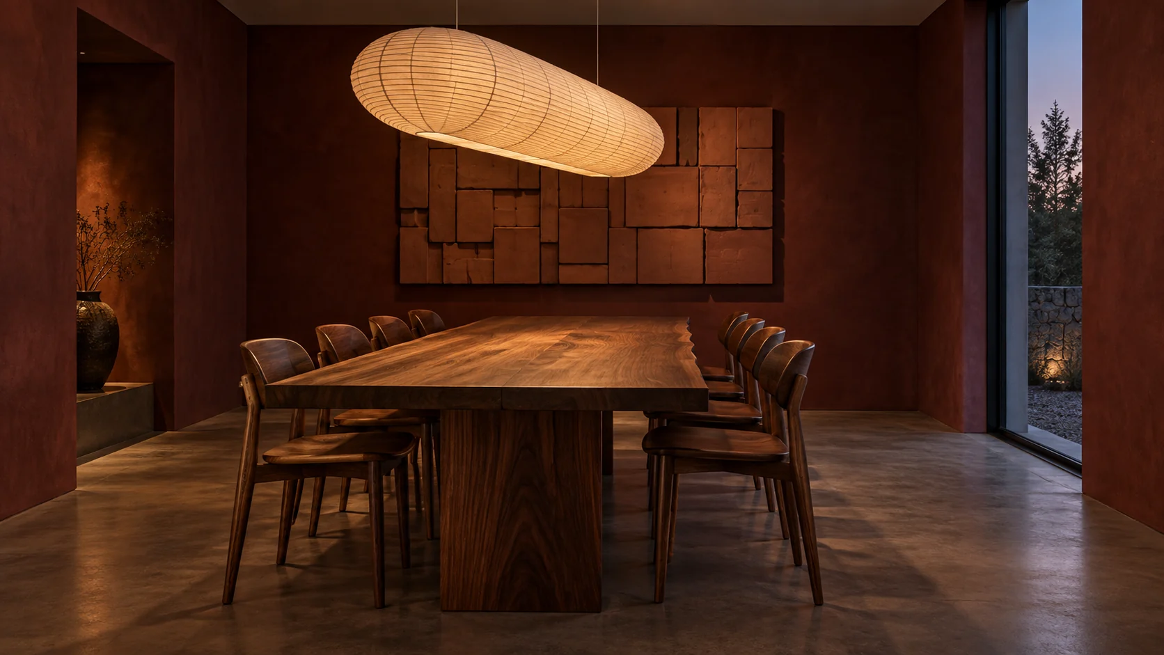 Ember Table's walnut dining table and warm paper lantern against burgundy plaster.