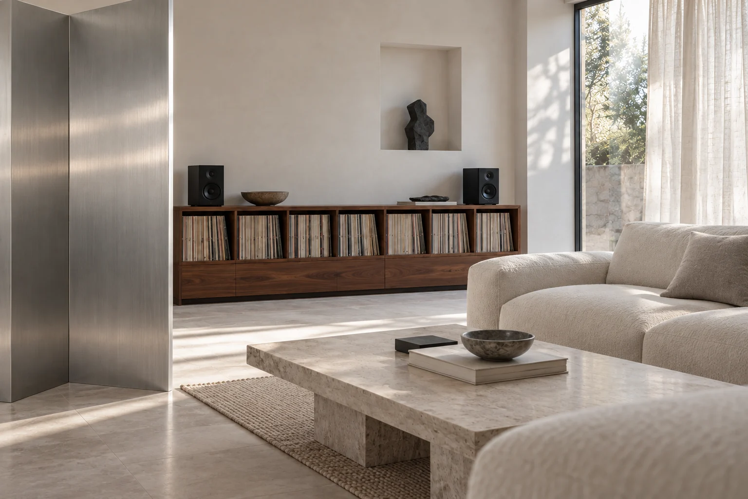 An alternate view of Fold House’s folded metal screen, walnut record cabinet and cream wool seating.