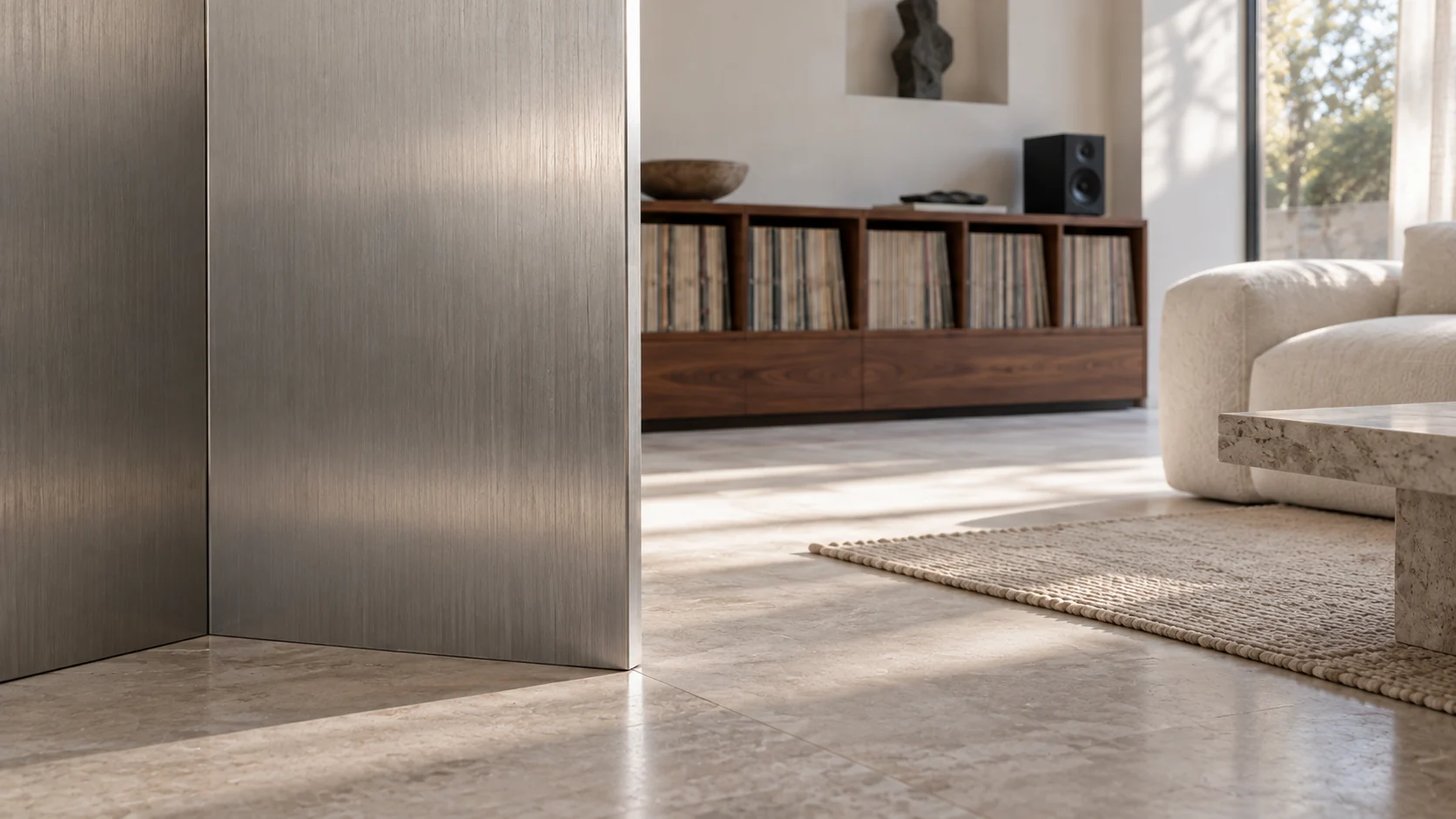 A close study of Fold House's brushed-metal screen, textured cream wool and walnut.