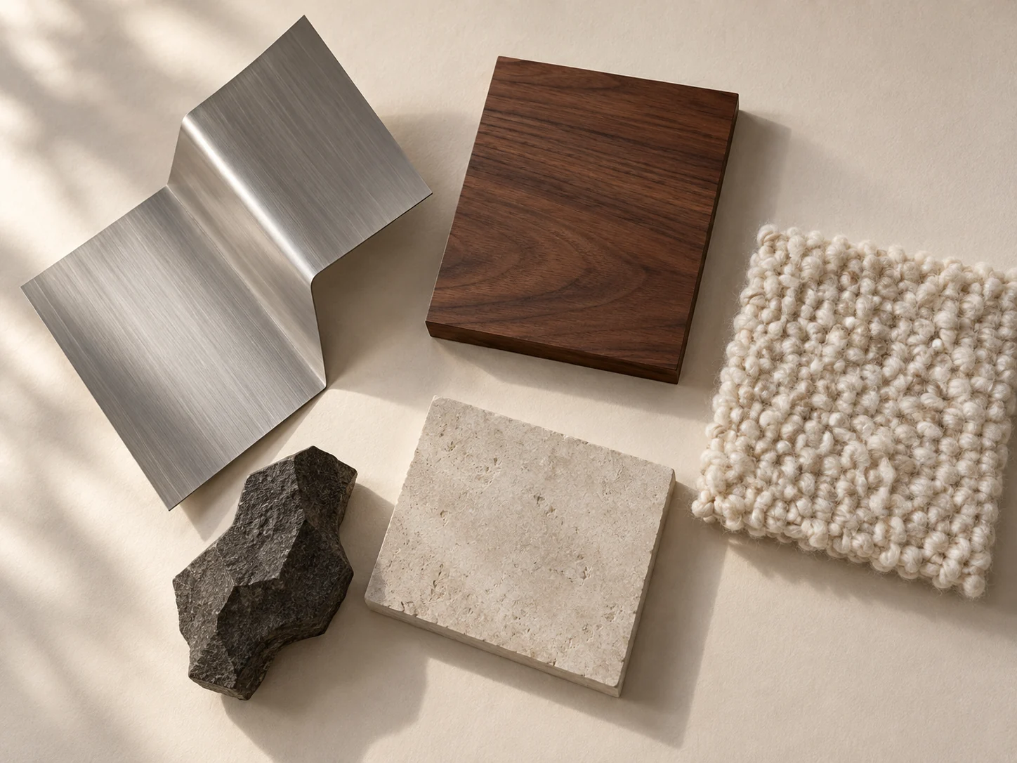 Fold House material samples in brushed metal, cream wool, walnut and pale stone.