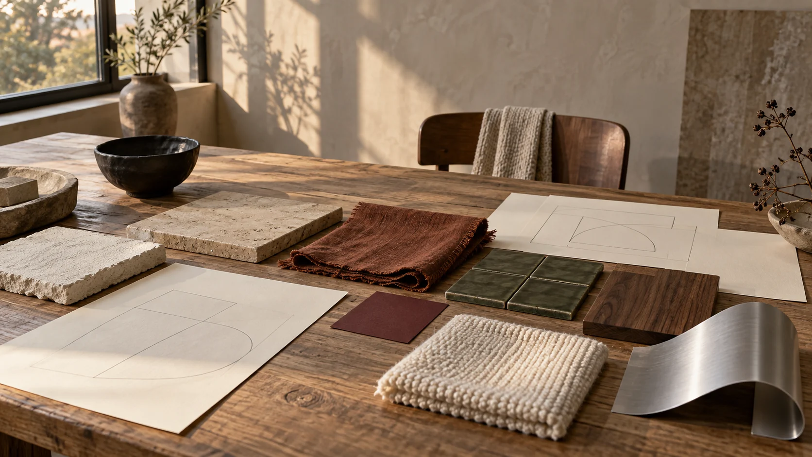 An editorial worktable with stone and fabric samples, paper spatial studies and a ceramic object.