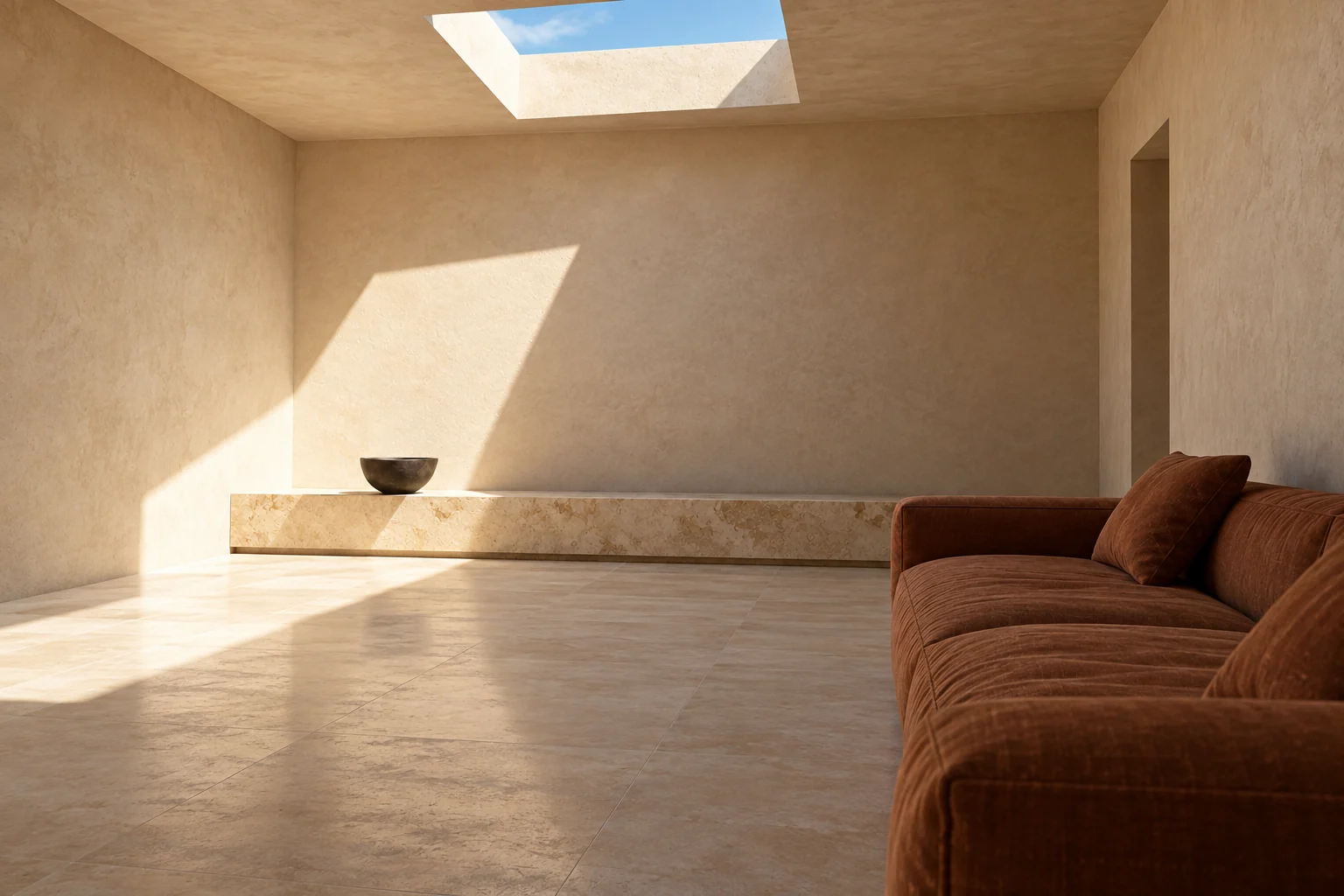 An alternate view of Sun Court with the limestone ledge, rust linen seating and square roof aperture.