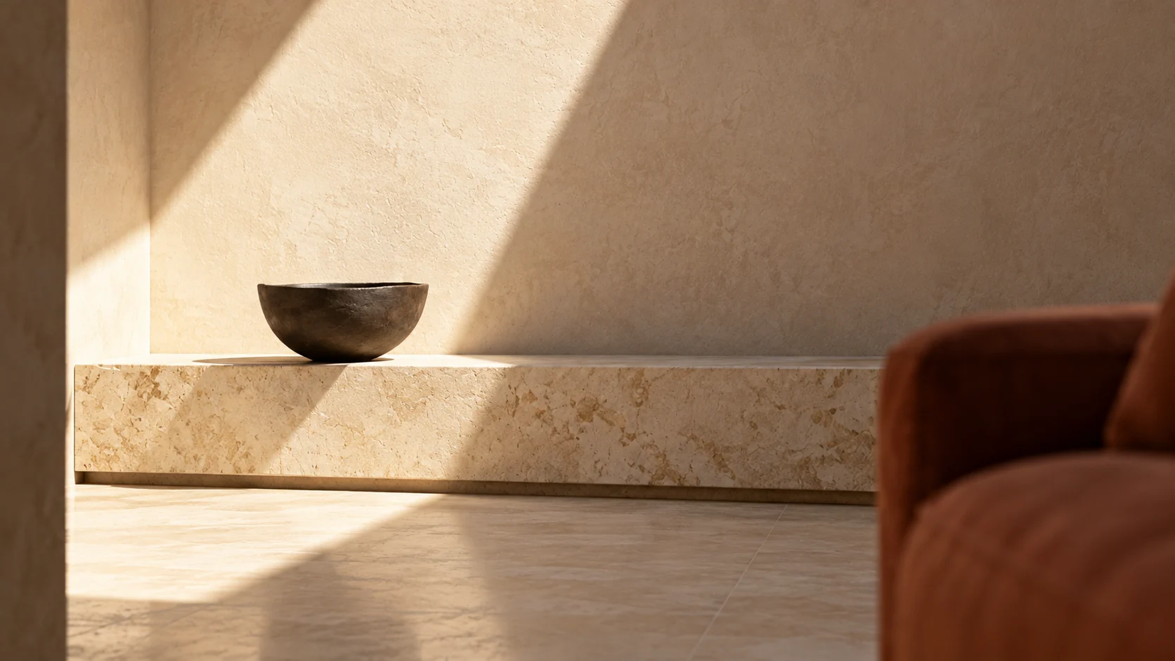 A close study of Sun Court's limestone, dark ceramic and warm plaster.