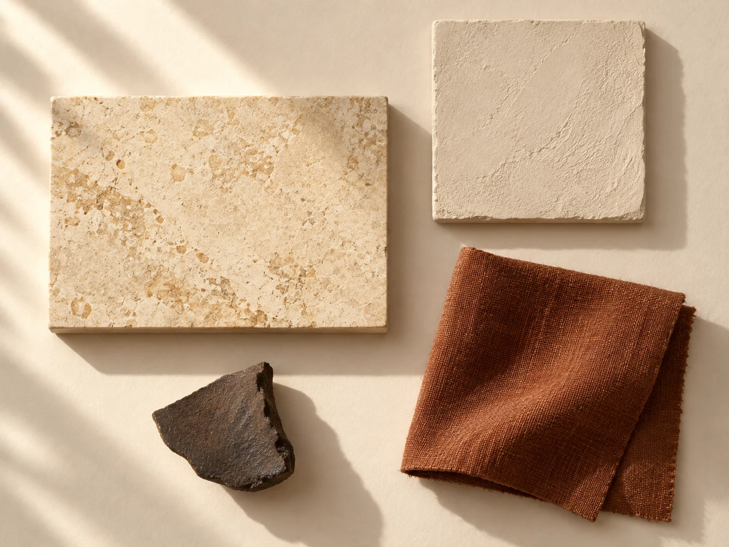 Sun Court material samples in pale stone, chalk plaster, rust linen and dark ceramic.
