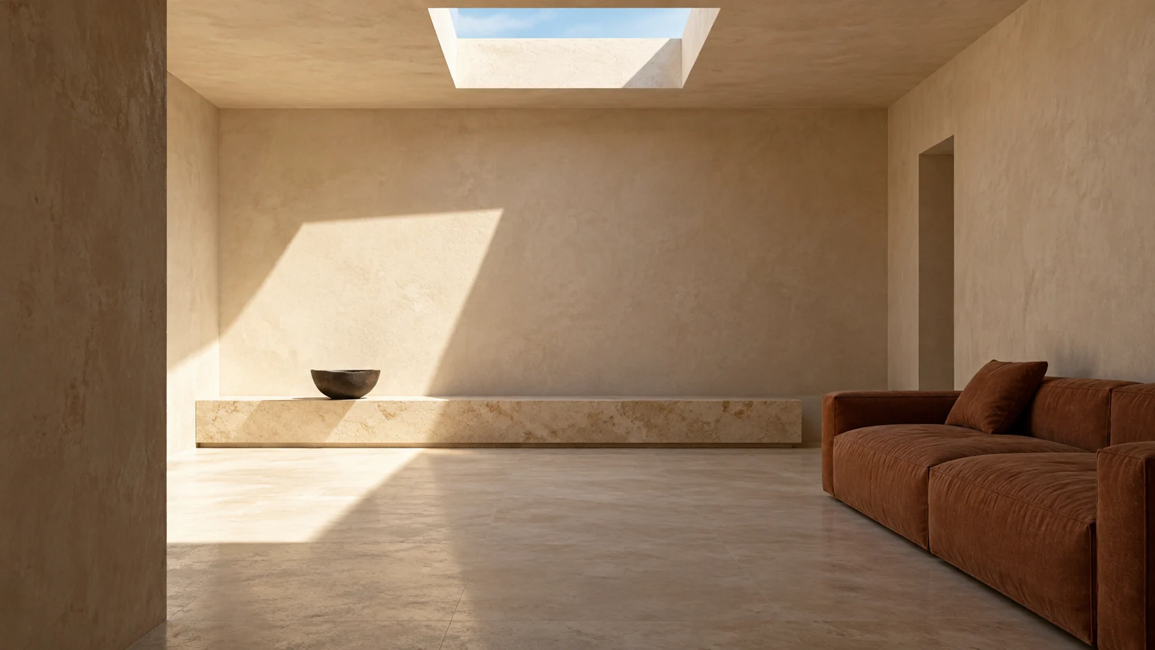 Sun Court's square roof aperture casts afternoon light across a limestone ledge and rust sofa.