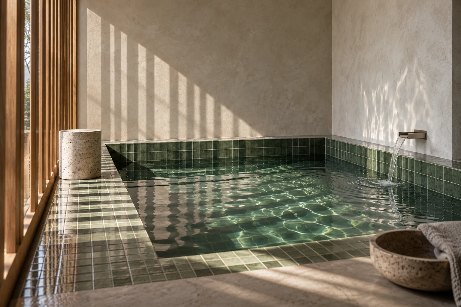 An alternate view along Tidal Room’s green tiled bath toward the oak slat screen and pale plaster.