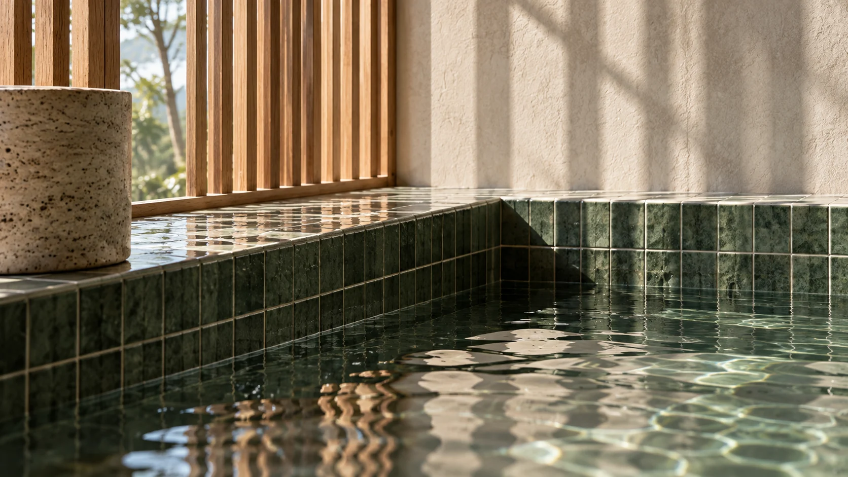 A close study of green tile meeting the reflective water of Tidal Room.