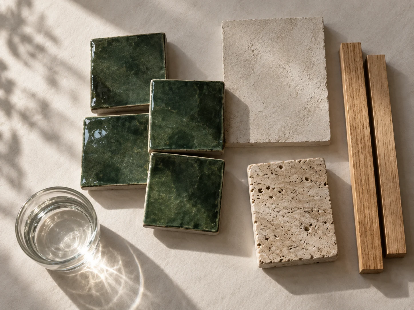 Tidal Room material samples in deep green glazed tile, oak, pale plaster and stone.