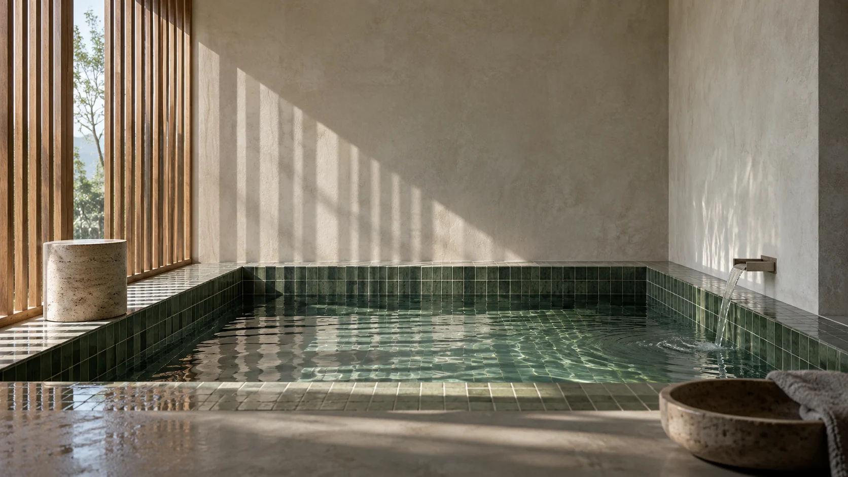 Tidal Room's green tiled bath and timber screen in cool daylight.